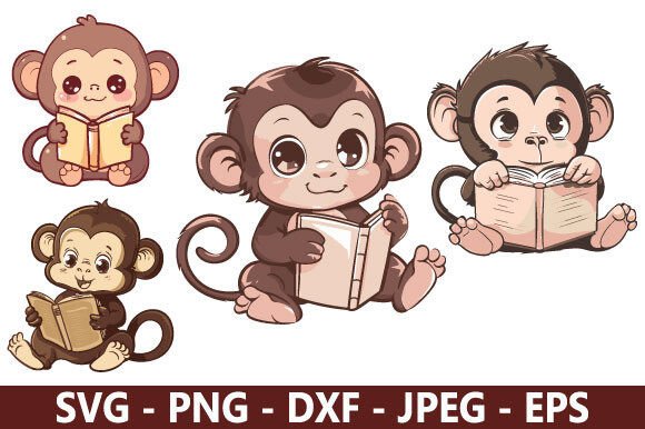 Download Adorable Monkey Reading Book SVG - Reading book svg Collection